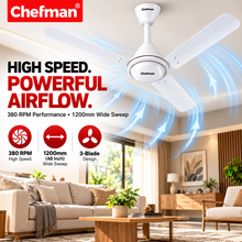 Chefman ALTO 1200mm 48 Inch High Speed Ceiling Fan with 100% Copper Motor, 380 RPM, 75W, 3 Blades, Low Noise, White, 2 Year Motor Warranty