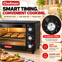 Chefman 25L Electric OTG Oven Toaster Griller 1400W for Baking Cakes, Pizza, Cookies, Grilling & Roasting with 6-Stage Control, 60-Min Timer, Black