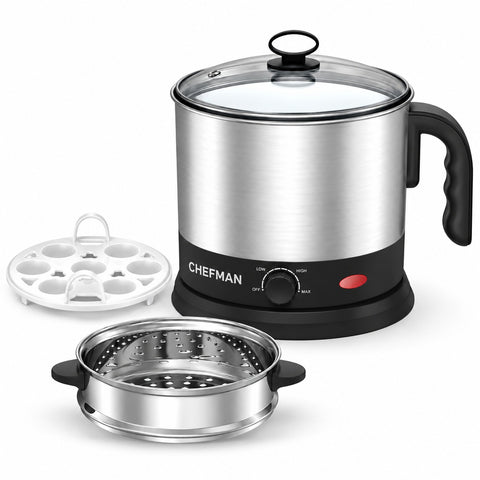Chefman Multi Kettle 1.2L 600W Electric Cooking Pot with Adjustable Temperature Control, Glass Lid, Egg Boiler & Steamer Tray for Noodles, Soup, Boiling & Steaming