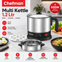Chefman Multi Kettle 1.2L 600W Electric Cooking Pot with Adjustable Temperature Control, Glass Lid, Egg Boiler & Steamer Tray for Noodles, Soup, Boiling & Steaming