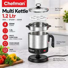 Chefman Multi Kettle 1.2L 600W Electric Cooking Pot with Adjustable Temperature Control, Glass Lid, Egg Boiler & Steamer Tray for Noodles, Soup, Boiling & Steaming