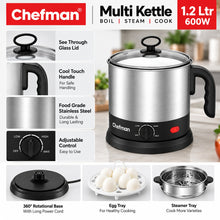 Chefman Multi Kettle 1.2L 600W Electric Cooking Pot with Adjustable Temperature Control, Glass Lid, Egg Boiler & Steamer Tray for Noodles, Soup, Boiling & Steaming