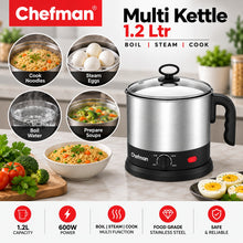 Chefman Multi Kettle 1.2L 600W Electric Cooking Pot with Adjustable Temperature Control, Glass Lid, Egg Boiler & Steamer Tray for Noodles, Soup, Boiling & Steaming