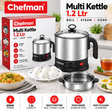 Chefman Multi Kettle 1.2L 600W Electric Cooking Pot with Adjustable Temperature Control, Glass Lid, Egg Boiler & Steamer Tray for Noodles, Soup, Boiling & Steaming