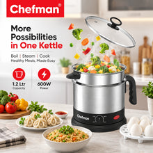 Chefman Multi Kettle 1.2L 600W Electric Cooking Pot with Adjustable Temperature Control, Glass Lid, Egg Boiler & Steamer Tray for Noodles, Soup, Boiling & Steaming