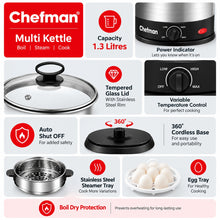 Chefman Multi Kettle 1.2L 600W Electric Cooking Pot with Adjustable Temperature Control, Glass Lid, Egg Boiler & Steamer Tray for Noodles, Soup, Boiling & Steaming