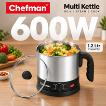 Chefman Multi Kettle 1.2L 600W Electric Cooking Pot with Adjustable Temperature Control, Glass Lid, Egg Boiler & Steamer Tray for Noodles, Soup, Boiling & Steaming