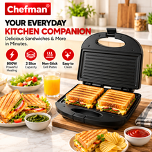 Chefman 800W Electric Grill Sandwich Toaster with Non-Stick Fixed Grill Plates, Auto Cut-Off, Dual Indicator Lights, Heat-Resistant Body & Compact Design, Black