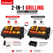 Chefman 2-in-1 Electric & Charcoal Barbeque Grill 2000W with Detachable Stainless Steel Heating Element, 4 Skewers & 1 Grill Rack for Home & Outdoor BBQ Cooking | Patent Design