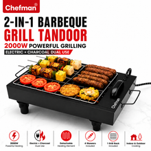Chefman 2-in-1 Electric & Charcoal Barbeque Grill 2000W with Detachable Stainless Steel Heating Element, 4 Skewers & 1 Grill Rack for Home & Outdoor BBQ Cooking | Patent Design