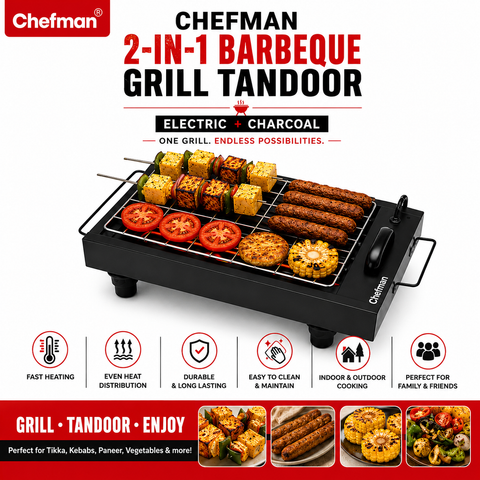 Chefman 2-in-1 Electric & Charcoal Barbeque Grill 2000W with Detachable Stainless Steel Heating Element, 4 Skewers & 1 Grill Rack for Home & Outdoor BBQ Cooking | Patent Design