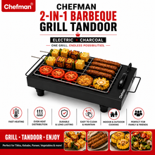 Chefman 2-in-1 Electric & Charcoal Barbeque Grill 2000W with Detachable Stainless Steel Heating Element, 4 Skewers & 1 Grill Rack for Home & Outdoor BBQ Cooking | Patent Design