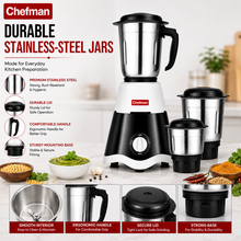 Chefman 500W Mixer Grinder with 3 Stainless Steel Jars for Wet & Dry Grinding, Chutney Making, Masala Grinding, Blending, Rotary Speed Control, Black & White