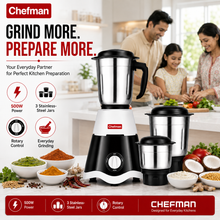 Chefman 500W Mixer Grinder with 3 Stainless Steel Jars for Wet & Dry Grinding, Chutney Making, Masala Grinding, Blending, Rotary Speed Control, Black & White