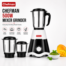Chefman 500W Mixer Grinder with 3 Stainless Steel Jars for Wet & Dry Grinding, Chutney Making, Masala Grinding, Blending, Rotary Speed Control, Black & White