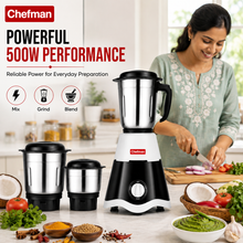 Chefman 500W Mixer Grinder with 3 Stainless Steel Jars for Wet & Dry Grinding, Chutney Making, Masala Grinding, Blending, Rotary Speed Control, Black & White