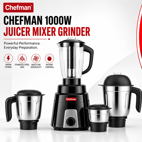 Chefman 1000W Juicer Mixer Grinder with 4 Jars, Stainless Steel Grinding Jars, Juicing, Blending, Dry & Wet Grinding, Chutney Making, Rotary Control
