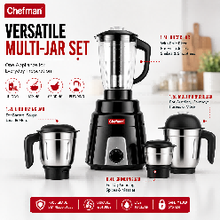 Chefman 1000W Juicer Mixer Grinder with 4 Jars, Stainless Steel Grinding Jars, Juicing, Blending, Dry & Wet Grinding, Chutney Making, Rotary Control