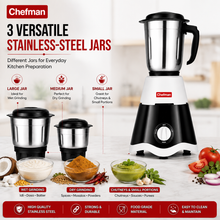 Chefman 500W Mixer Grinder with 3 Stainless Steel Jars for Wet & Dry Grinding, Chutney Making, Masala Grinding, Blending, Rotary Speed Control, Black & White