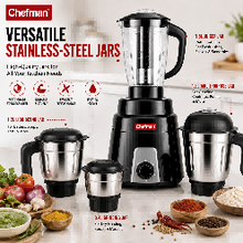 Chefman 1000W Juicer Mixer Grinder with 4 Jars, Stainless Steel Grinding Jars, Juicing, Blending, Dry & Wet Grinding, Chutney Making, Rotary Control