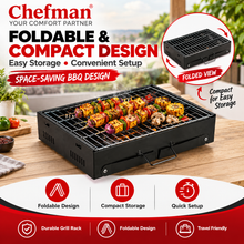 Chefman Mini Portable Charcoal BBQ Grill with Foldable Legs, Removable Cooking Rack & 4 Skewers for Outdoor Camping, Picnic, Terrace, Garden & Home Barbecue