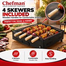 Chefman Mini Portable Charcoal BBQ Grill with Foldable Legs, Removable Cooking Rack & 4 Skewers for Outdoor Camping, Picnic, Terrace, Garden & Home Barbecue