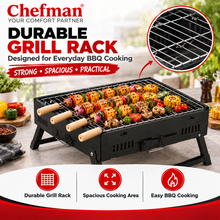 Chefman Mini Portable Charcoal BBQ Grill with Foldable Legs, Removable Cooking Rack & 4 Skewers for Outdoor Camping, Picnic, Terrace, Garden & Home Barbecue
