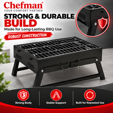 Chefman Mini Portable Charcoal BBQ Grill with Foldable Legs, Removable Cooking Rack & 4 Skewers for Outdoor Camping, Picnic, Terrace, Garden & Home Barbecue