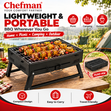 Chefman Mini Portable Charcoal BBQ Grill with Foldable Legs, Removable Cooking Rack & 4 Skewers for Outdoor Camping, Picnic, Terrace, Garden & Home Barbecue