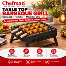 Chefman Mini Portable Charcoal BBQ Grill with Foldable Legs, Removable Cooking Rack & 4 Skewers for Outdoor Camping, Picnic, Terrace, Garden & Home Barbecue