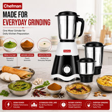 Chefman 500W Mixer Grinder with 3 Stainless Steel Jars for Wet & Dry Grinding, Chutney Making, Masala Grinding, Blending, Rotary Speed Control, Black & White