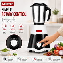 Chefman 500W Mixer Grinder with 3 Stainless Steel Jars for Wet & Dry Grinding, Chutney Making, Masala Grinding, Blending, Rotary Speed Control, Black & White